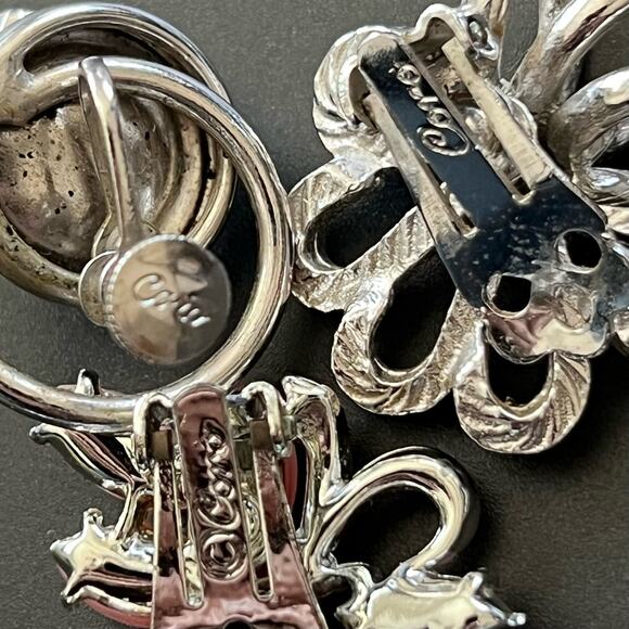 Vintage Cora Lot of 3 Clip On Earring Sliver Tone Pink Flower 3D Spiral Estate - Picture 5 of 5